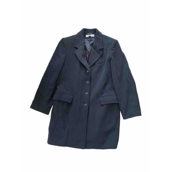 Anne Klein Classics Coat Wool Black Herringbone Mid Length Womens 14 - Picture 1 of 10